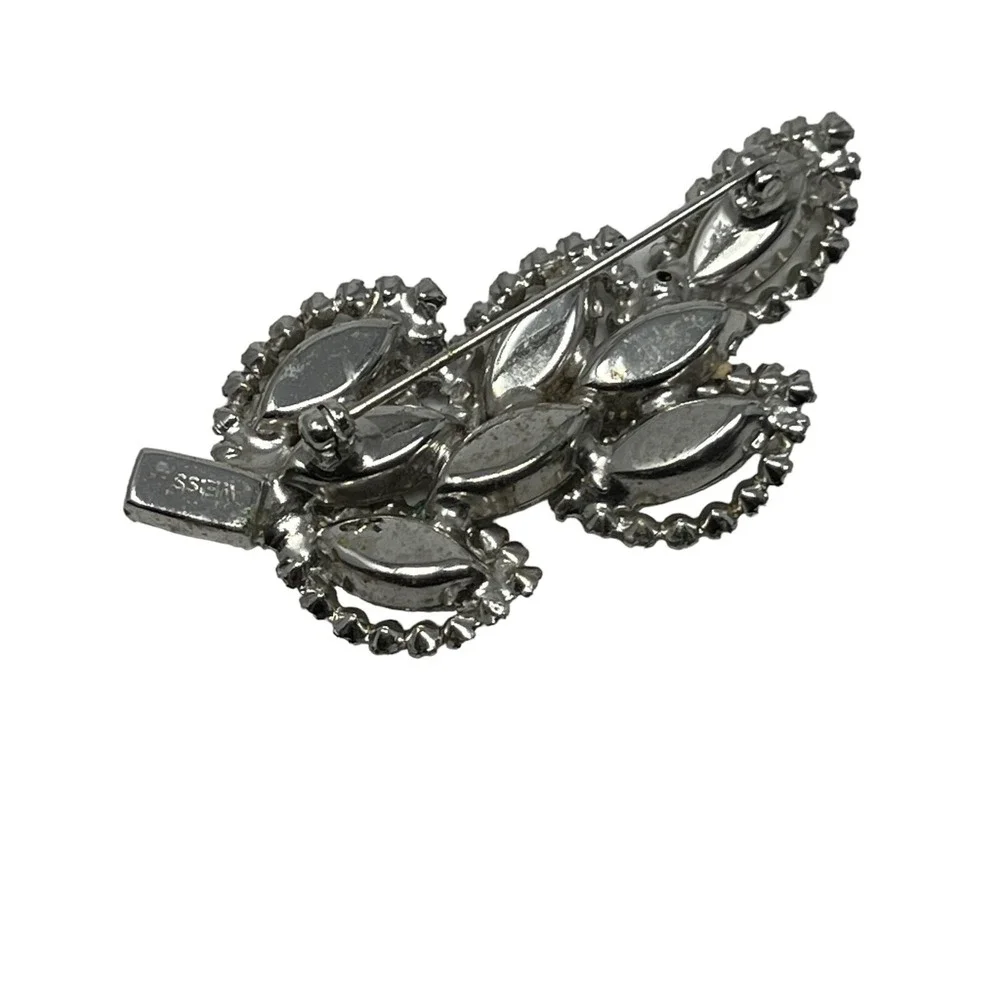 Vintage Weiss Brooch‎ Marquise Round Rhinestones Flower Leaf Pin